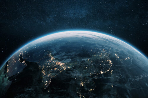 Beautiful planet Earth with night lights of Asian cities views from space. Amazing night planet Earth in view of India, China, Korea and Japan. Development, economics and technology, concept World Outreach